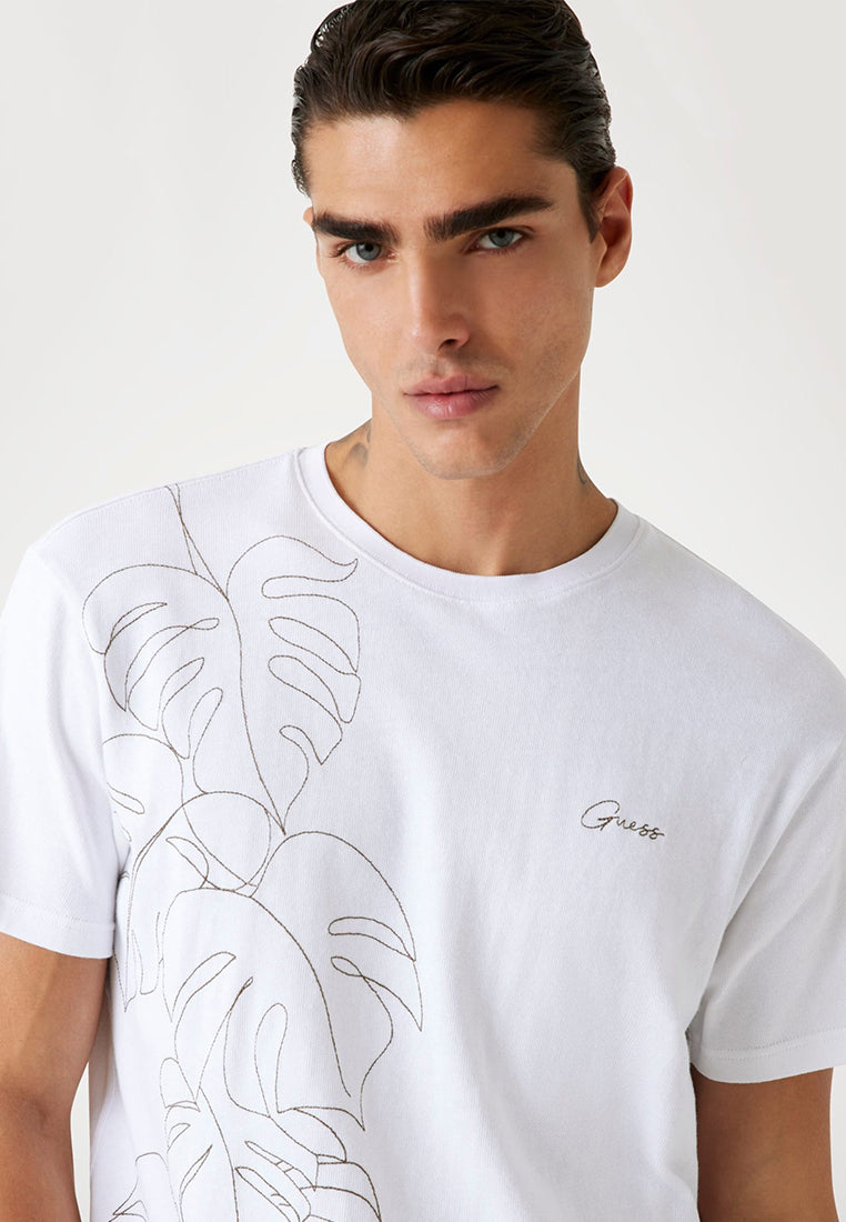 Short Sleeves Crew Neck Embroidered Leaves Tee