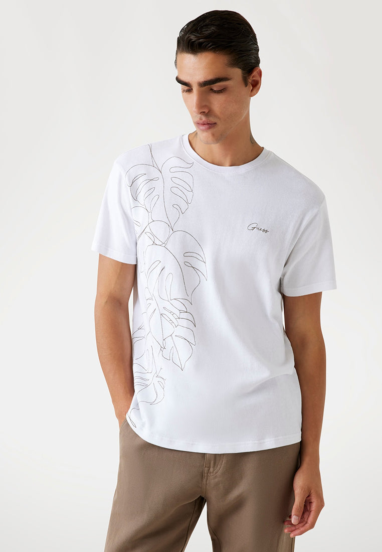 Short Sleeves Crew Neck Embroidered Leaves Tee