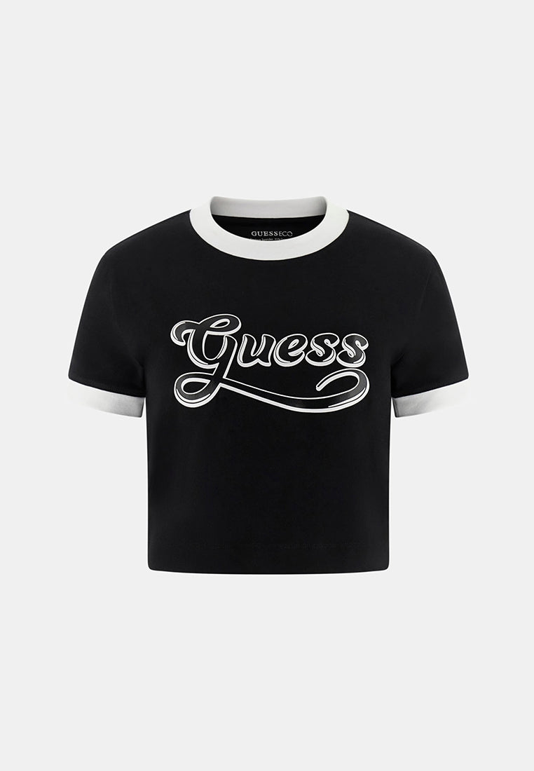 Short Sleeves Crew Neck Glossy Crop Tee