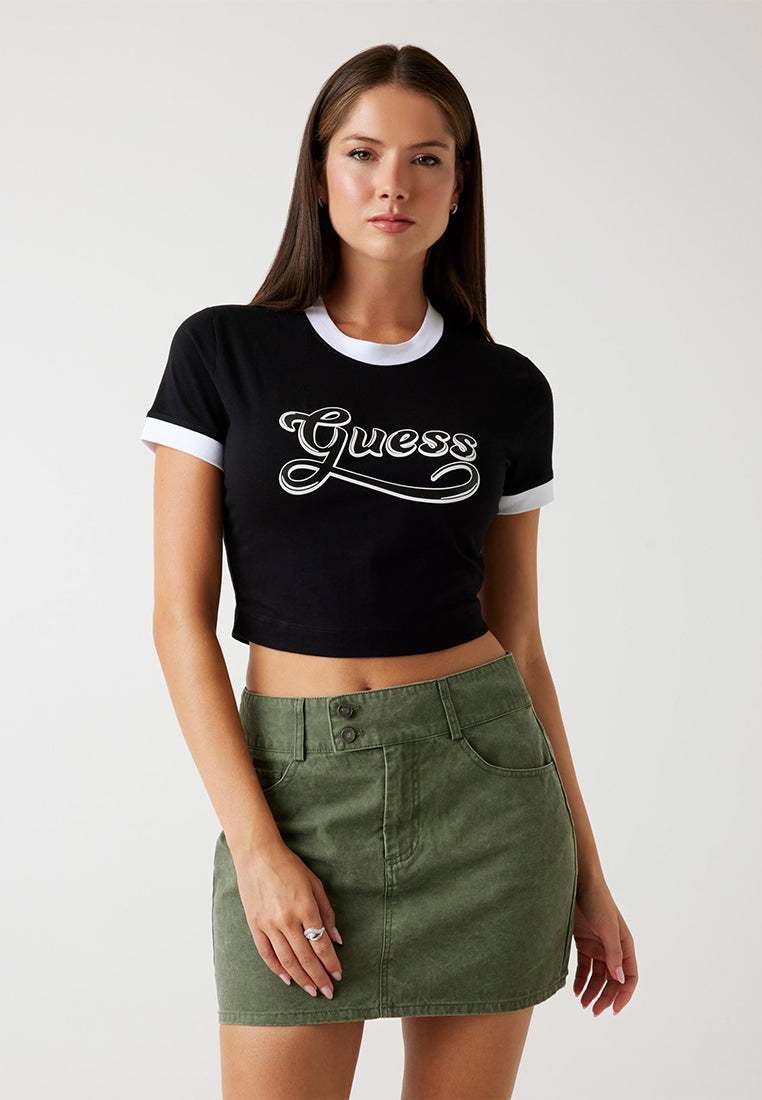 Short Sleeves Crew Neck Glossy Crop Tee