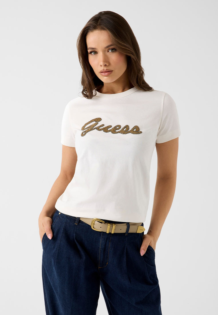 Shortsleeves Crewneck Beads Script Tee