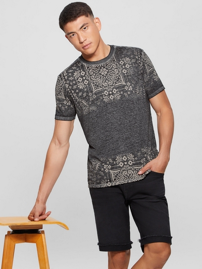 GUESS Men's Short Sleeves Burnt out Tile Print Crewneck T-shirt